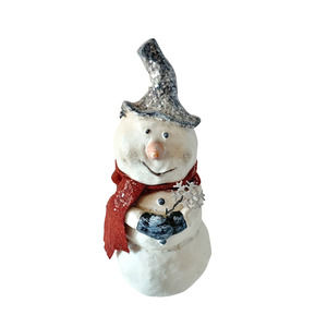 Kevin Smith Snowman Figure Folk Art Black Hat Scarf Snowflake Wand Glittered 6”